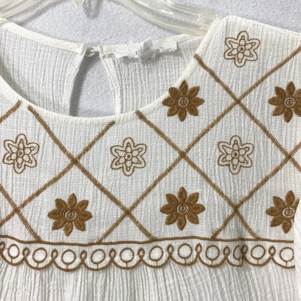 MINE Blouse Womens Large White Gauze Tan Floral Embroidered Boho Festival Top - Picture 3 of 8